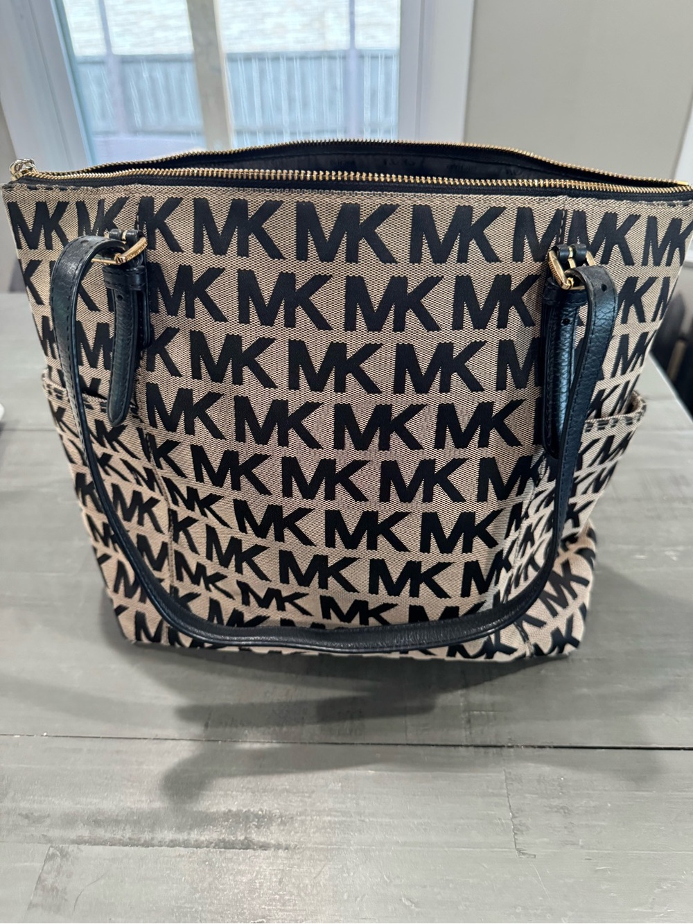 Michael Kors Black and Beige MK Logo Canvas Tote